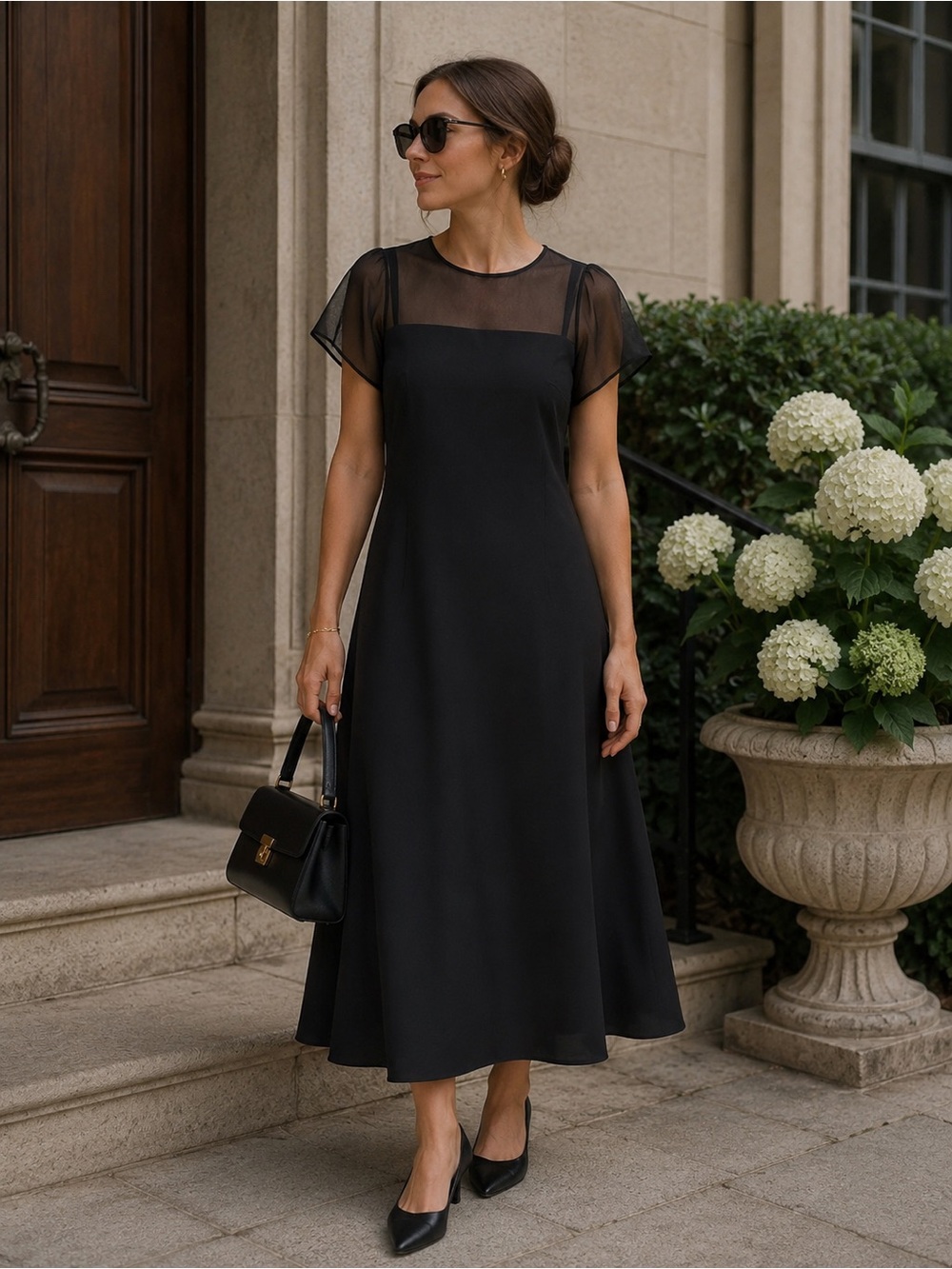 Crosby by Mollie Burch Black Sheer Sleeve Midi Dress Timeless Sophisticated NWT